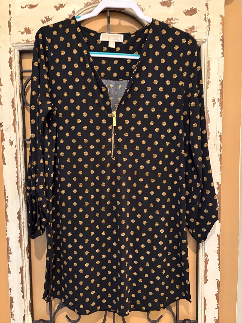 MICHAEL Michael Kors Black Top with Gold Logo Dot Print
